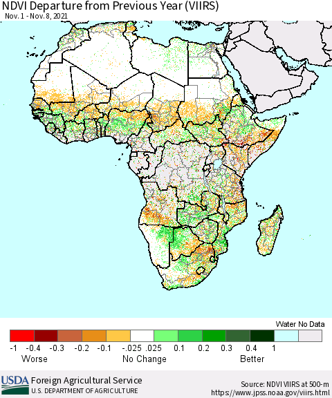 Africa NDVI Departure from Previous Year (VIIRS) Thematic Map For 11/1/2021 - 11/10/2021