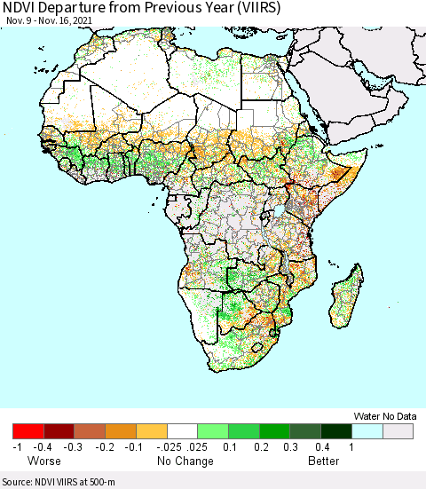 Africa NDVI Departure from Previous Year (VIIRS) Thematic Map For 11/9/2021 - 11/16/2021