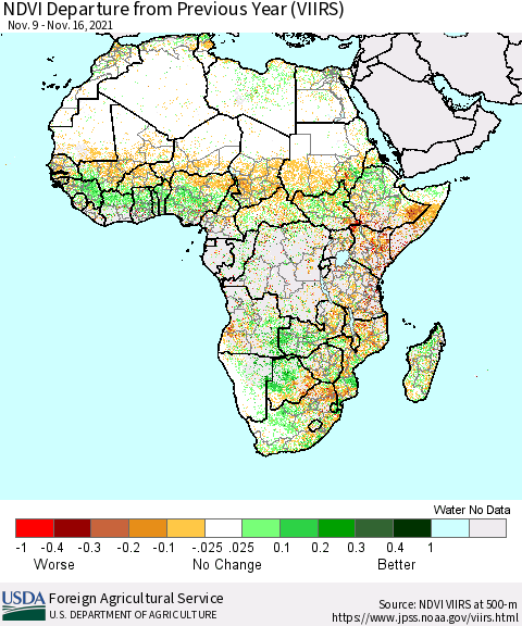 Africa NDVI Departure from Previous Year (VIIRS) Thematic Map For 11/11/2021 - 11/20/2021