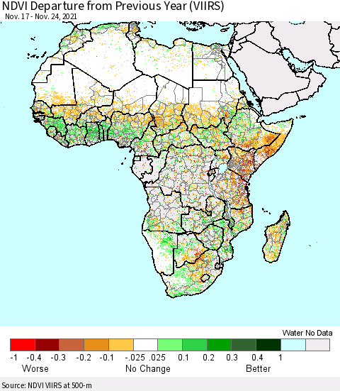 Africa NDVI Departure from Previous Year (VIIRS) Thematic Map For 11/17/2021 - 11/24/2021