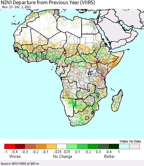 Africa NDVI Departure from Previous Year (VIIRS) Thematic Map For 11/25/2021 - 12/2/2021