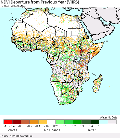 Africa NDVI Departure from Previous Year (VIIRS) Thematic Map For 12/1/2021 - 12/10/2021