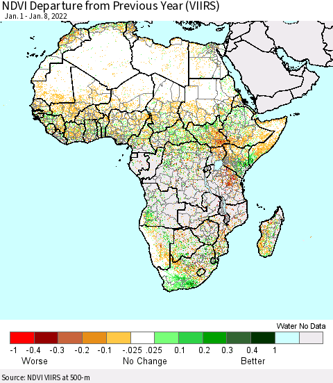 Africa NDVI Departure from Previous Year (VIIRS) Thematic Map For 1/1/2022 - 1/8/2022
