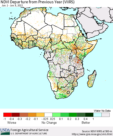 Africa NDVI Departure from Previous Year (VIIRS) Thematic Map For 1/1/2022 - 1/10/2022