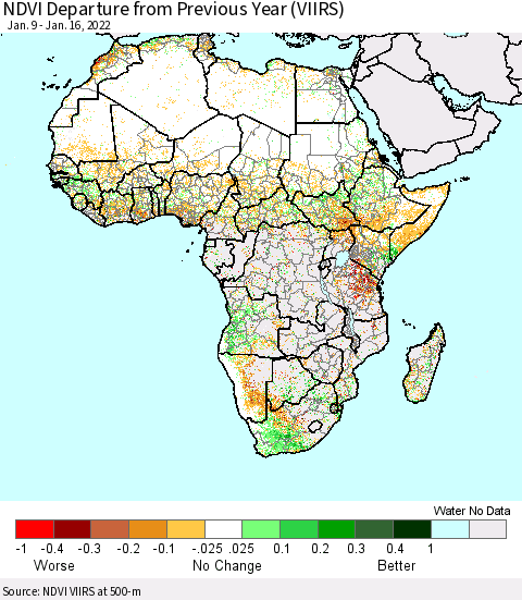 Africa NDVI Departure from Previous Year (VIIRS) Thematic Map For 1/9/2022 - 1/16/2022
