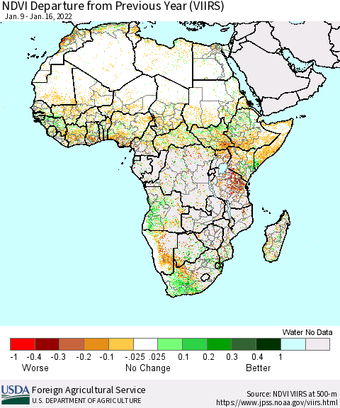 Africa NDVI Departure from Previous Year (VIIRS) Thematic Map For 1/11/2022 - 1/20/2022