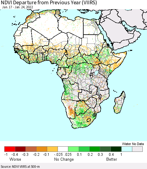 Africa NDVI Departure from Previous Year (VIIRS) Thematic Map For 1/17/2022 - 1/24/2022