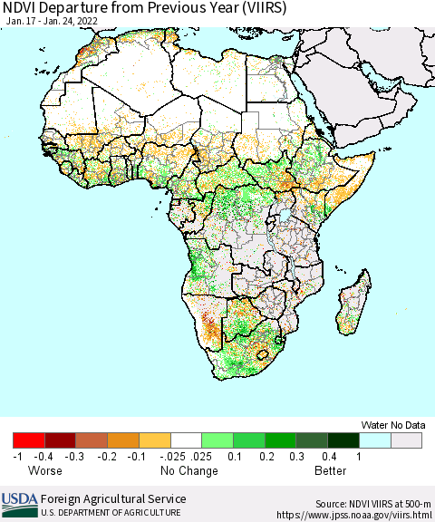 Africa NDVI Departure from Previous Year (VIIRS) Thematic Map For 1/21/2022 - 1/31/2022