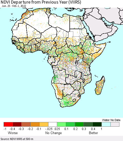 Africa NDVI Departure from Previous Year (VIIRS) Thematic Map For 1/25/2022 - 2/1/2022