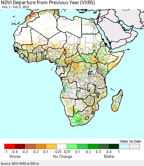Africa NDVI Departure from Previous Year (VIIRS) Thematic Map For 2/2/2022 - 2/9/2022