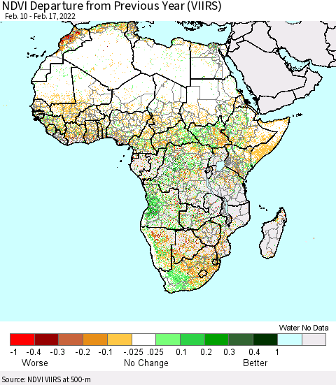 Africa NDVI Departure from Previous Year (VIIRS) Thematic Map For 2/10/2022 - 2/17/2022