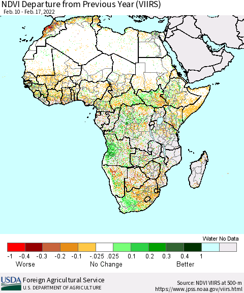 Africa NDVI Departure from Previous Year (VIIRS) Thematic Map For 2/11/2022 - 2/20/2022