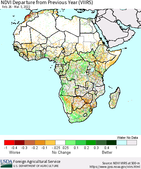 Africa NDVI Departure from Previous Year (VIIRS) Thematic Map For 3/1/2022 - 3/10/2022