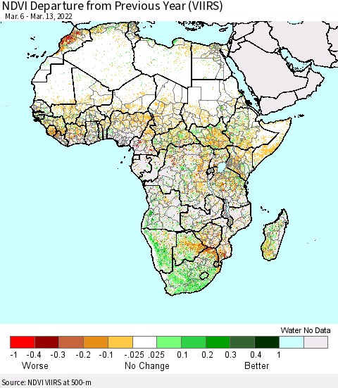 Africa NDVI Departure from Previous Year (VIIRS) Thematic Map For 3/6/2022 - 3/13/2022