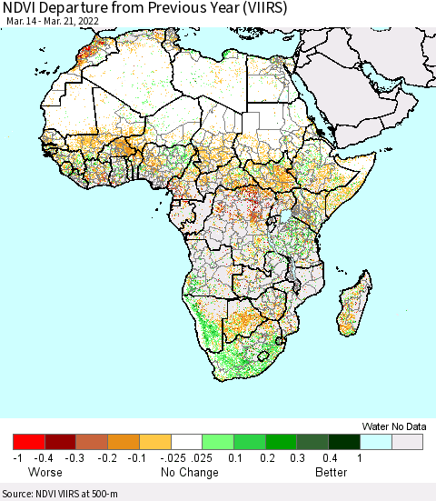 Africa NDVI Departure from Previous Year (VIIRS) Thematic Map For 3/14/2022 - 3/21/2022