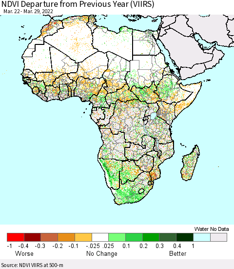 Africa NDVI Departure from Previous Year (VIIRS) Thematic Map For 3/22/2022 - 3/29/2022
