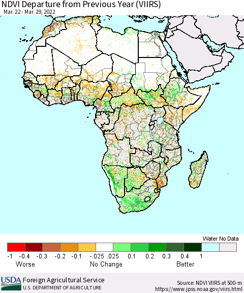 Africa NDVI Departure from Previous Year (VIIRS) Thematic Map For 3/21/2022 - 3/31/2022