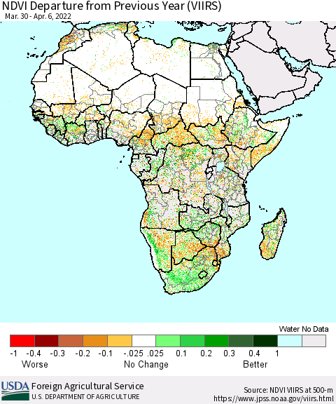 Africa NDVI Departure from Previous Year (VIIRS) Thematic Map For 4/1/2022 - 4/10/2022
