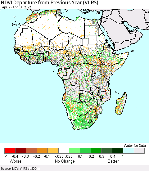 Africa NDVI Departure from Previous Year (VIIRS) Thematic Map For 4/7/2022 - 4/14/2022