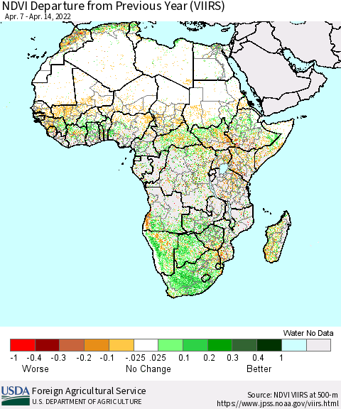 Africa NDVI Departure from Previous Year (VIIRS) Thematic Map For 4/11/2022 - 4/20/2022