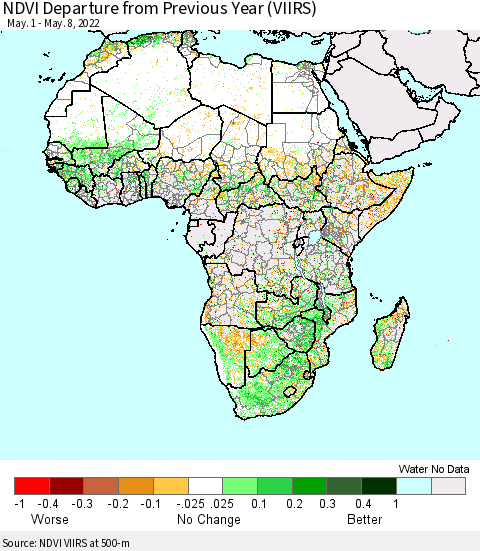 Africa NDVI Departure from Previous Year (VIIRS) Thematic Map For 5/1/2022 - 5/8/2022