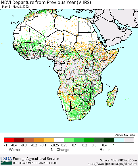 Africa NDVI Departure from Previous Year (VIIRS) Thematic Map For 5/1/2022 - 5/10/2022