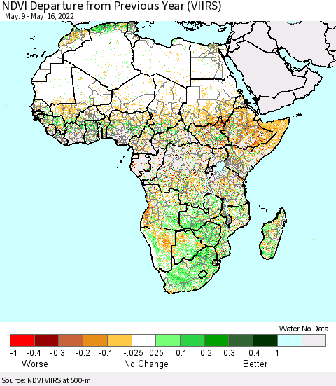 Africa NDVI Departure from Previous Year (VIIRS) Thematic Map For 5/9/2022 - 5/16/2022