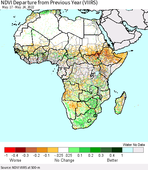 Africa NDVI Departure from Previous Year (VIIRS) Thematic Map For 5/17/2022 - 5/24/2022