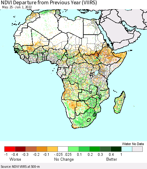Africa NDVI Departure from Previous Year (VIIRS) Thematic Map For 5/25/2022 - 6/1/2022