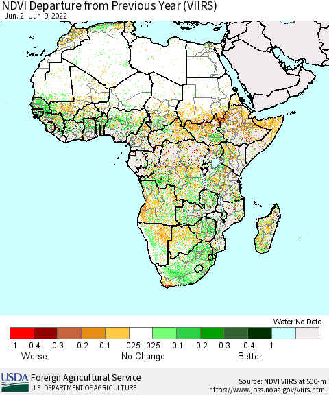 Africa NDVI Departure from Previous Year (VIIRS) Thematic Map For 6/1/2022 - 6/10/2022