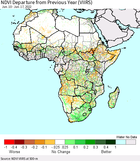 Africa NDVI Departure from Previous Year (VIIRS) Thematic Map For 6/10/2022 - 6/17/2022