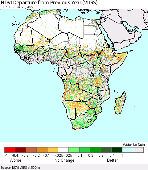 Africa NDVI Departure from Previous Year (VIIRS) Thematic Map For 6/18/2022 - 6/25/2022