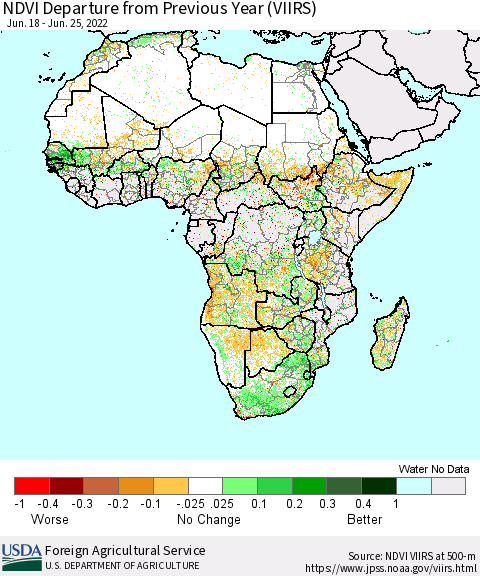 Africa NDVI Departure from Previous Year (VIIRS) Thematic Map For 6/21/2022 - 6/30/2022
