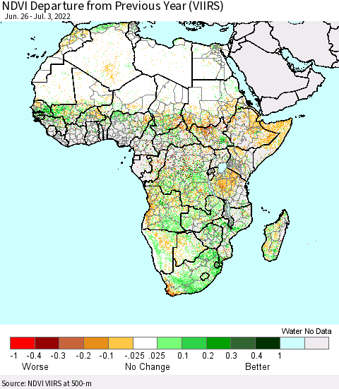 Africa NDVI Departure from Previous Year (VIIRS) Thematic Map For 6/26/2022 - 7/3/2022