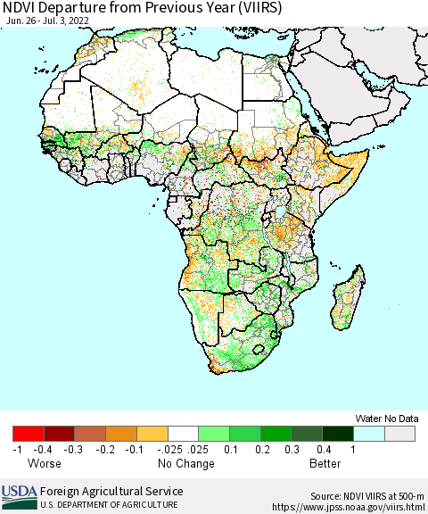 Africa NDVI Departure from Previous Year (VIIRS) Thematic Map For 7/1/2022 - 7/10/2022