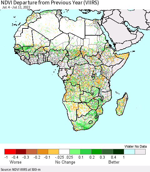 Africa NDVI Departure from Previous Year (VIIRS) Thematic Map For 7/4/2022 - 7/11/2022