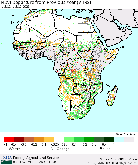 Africa NDVI Departure from Previous Year (VIIRS) Thematic Map For 7/11/2022 - 7/20/2022