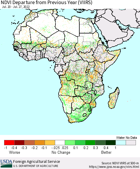 Africa NDVI Departure from Previous Year (VIIRS) Thematic Map For 7/21/2022 - 7/31/2022