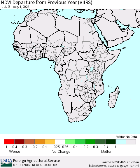 Africa NDVI Departure from Previous Year (VIIRS) Thematic Map For 8/1/2022 - 8/10/2022