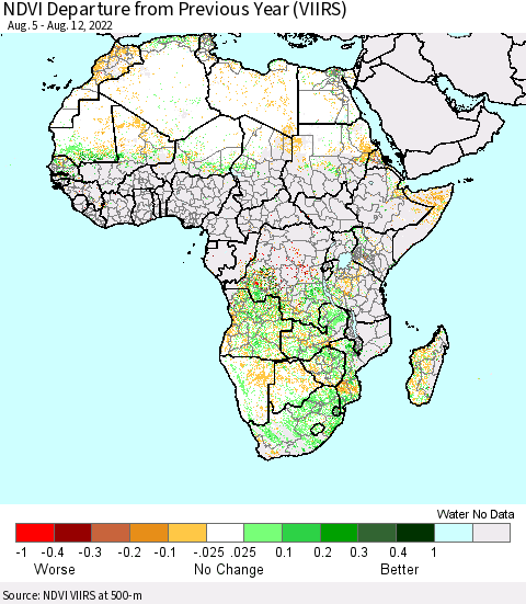 Africa NDVI Departure from Previous Year (VIIRS) Thematic Map For 8/5/2022 - 8/12/2022
