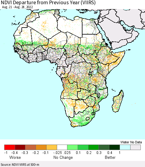 Africa NDVI Departure from Previous Year (VIIRS) Thematic Map For 8/21/2022 - 8/28/2022