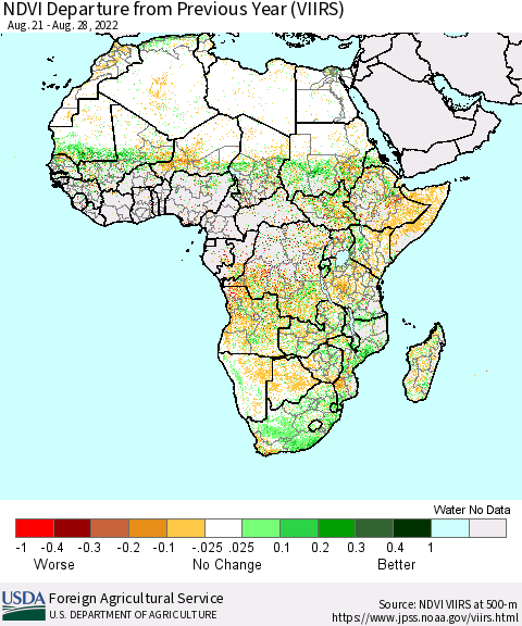 Africa NDVI Departure from Previous Year (VIIRS) Thematic Map For 8/21/2022 - 8/31/2022