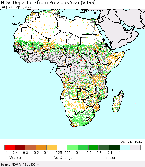 Africa NDVI Departure from Previous Year (VIIRS) Thematic Map For 8/29/2022 - 9/5/2022