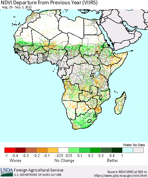 Africa NDVI Departure from Previous Year (VIIRS) Thematic Map For 9/1/2022 - 9/10/2022