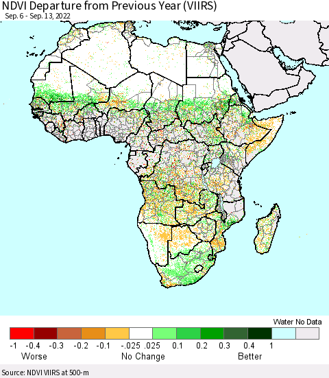 Africa NDVI Departure from Previous Year (VIIRS) Thematic Map For 9/6/2022 - 9/13/2022