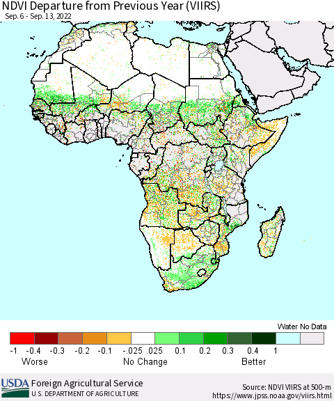 Africa NDVI Departure from Previous Year (VIIRS) Thematic Map For 9/11/2022 - 9/20/2022