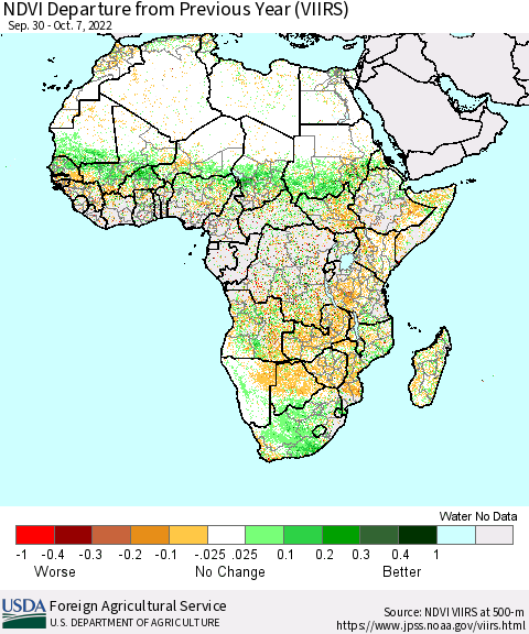 Africa NDVI Departure from Previous Year (VIIRS) Thematic Map For 10/1/2022 - 10/10/2022