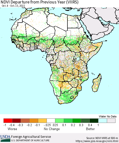 Africa NDVI Departure from Previous Year (VIIRS) Thematic Map For 10/11/2022 - 10/20/2022