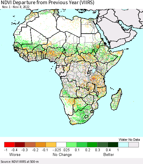 Africa NDVI Departure from Previous Year (VIIRS) Thematic Map For 11/1/2022 - 11/8/2022