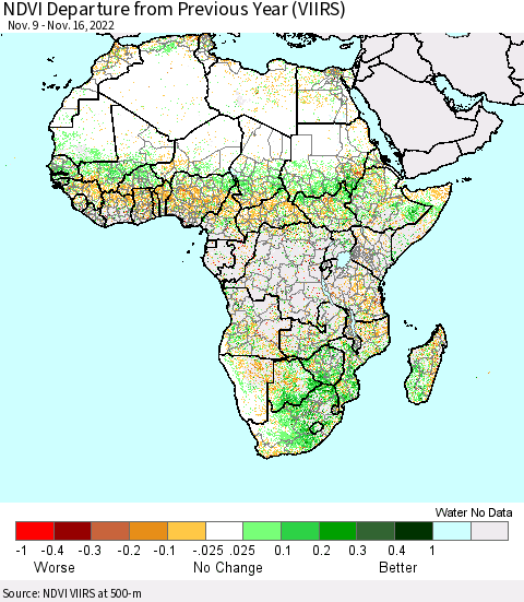 Africa NDVI Departure from Previous Year (VIIRS) Thematic Map For 11/9/2022 - 11/16/2022